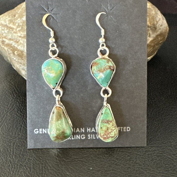 Green Royston Turquoise Navajo Dangle Earrings | Sterling Silver | Authentic Native American Handmade | 19415