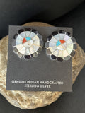 Coral Turquoise Onyx Abalone Zuni Sunface Inlay Earrings | Sterling Silver | Authentic Native American Handmade | 14769