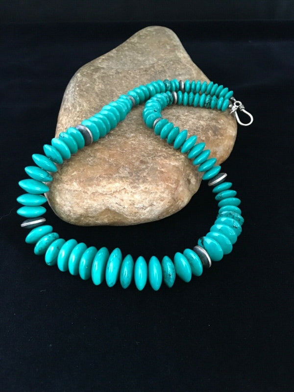 Navajo Pearl Blue Turquoise Necklace 18"Handmade | Sterling Silver | Authentic Native American Handmade | 1730