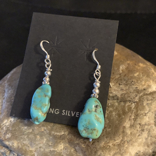 Blue Turquoise Nugget Beads Navajo Earrings 1" | Sterling Silver | Authentic Native American Handmade | 12892