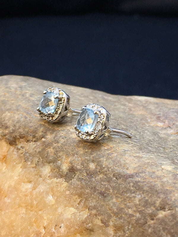 Blue Topaz Stud Navajo Earrings | Sterling Silver | Authentic Native American Handmade | 08987