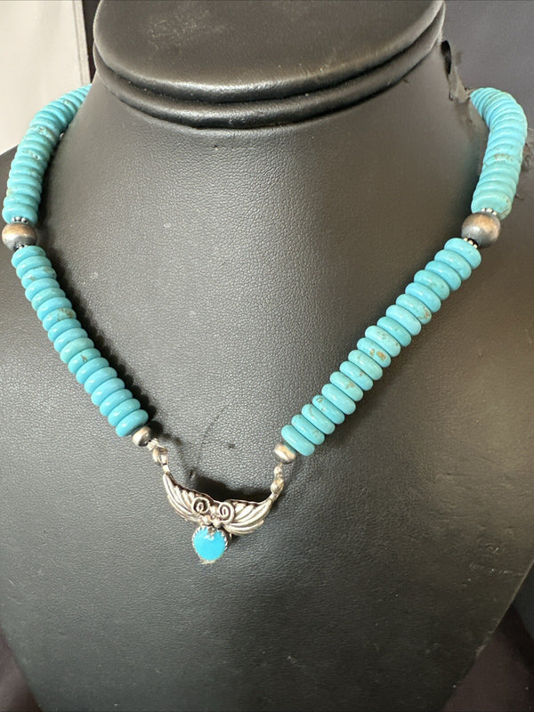 Women's Blue Kingman Turquoise Pendant Navajo Necklace 20" | Sterling Silver | Authentic Native American Handmade | 18167