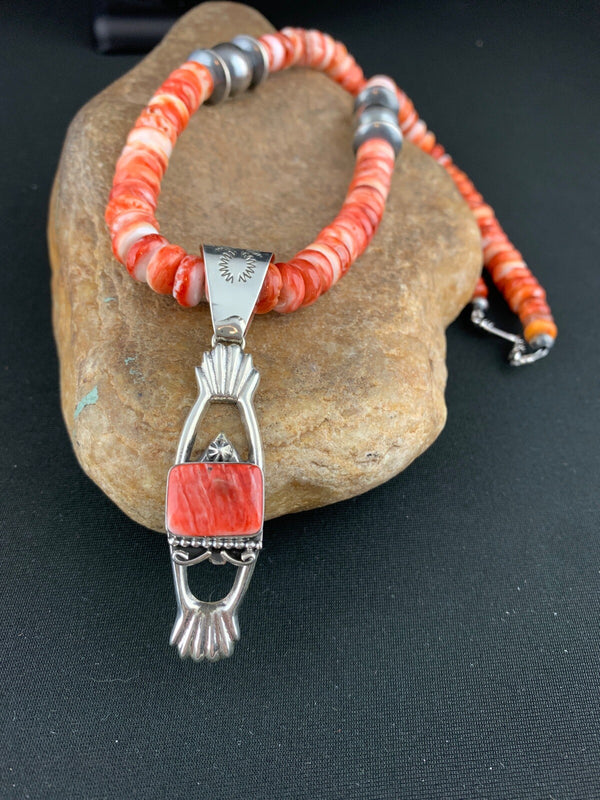 Men's Red Spiny Oyster Pendant Navajo Necklace | Sterling Silver | Authentic Native American Handmade | 04782