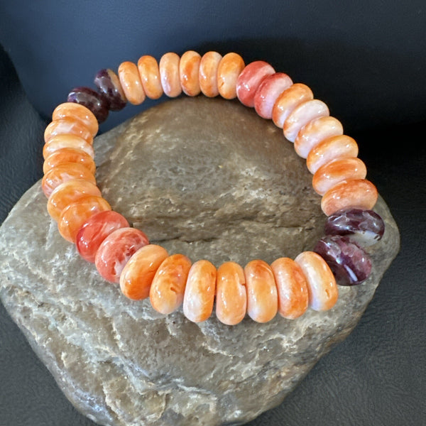 Men's Women's Orange Purple Spiny Oyster Stretch Bracelet 9" | Sterling Silver | Authentic Native American Handmade | 18859