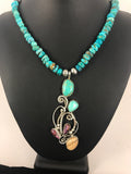 Blue Turquoise, Spiny Oyster Pendant Navajo Pearls Necklace | Sterling Silver | Authentic Native American Handmade | 8487