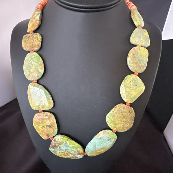 Green Turquoise Orange Spiny Navajo Necklace | Sterling Silver | Authentic Native American Handmade | 19317