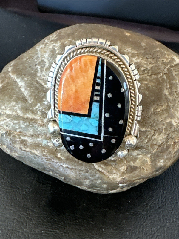 Onyx Turquoise Spiny Navajo Cosmic Inlay Ring Size 9 | Sterling Silver | Authentic Native American Handmade | 19788