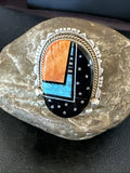 Onyx Turquoise Spiny Navajo Cosmic Inlay Ring Size 9 | Sterling Silver | Authentic Native American Handmade | 19788