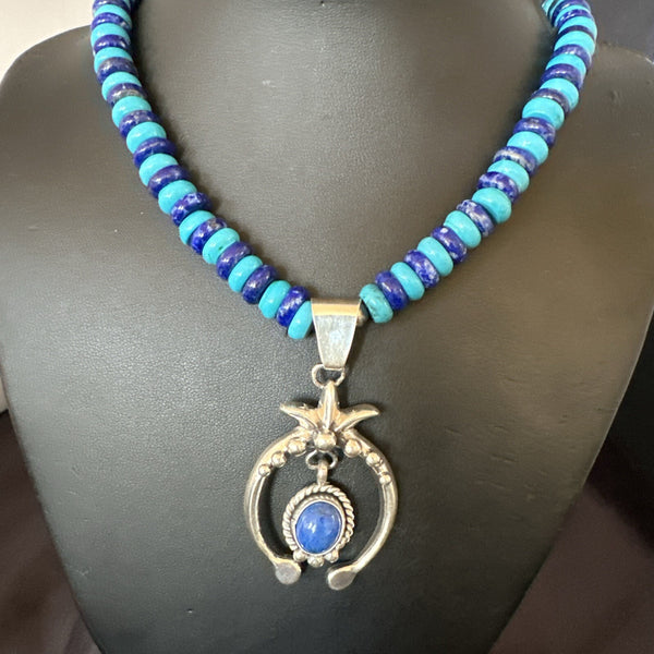 Blue Denim Lapis Turquoise Naja Pendant Navajo Necklace 21" | Sterling Silver | Authentic Native American Handmade | 17688