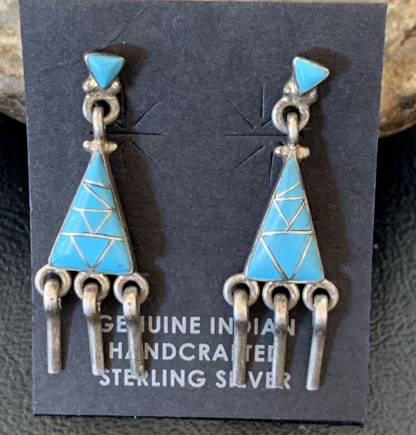 Blue Turquoise Inlay Zuni Dangle Post Earrings 1.5" | Sterling Silver | Authentic Native American Handmade | 12745