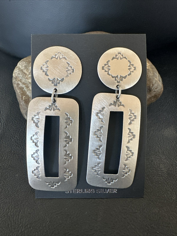 Navajo Stamped Stamped Handmade Earrings 2.75" | Sterling Silver | Authentic Native American Handmade | 17859