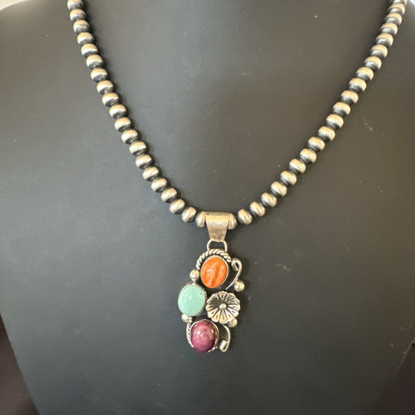 Multicolor Turquoise Spiny Navajo Cluster Pendant Necklace | Sterling Silver | Authentic Native American Handmade | 19311