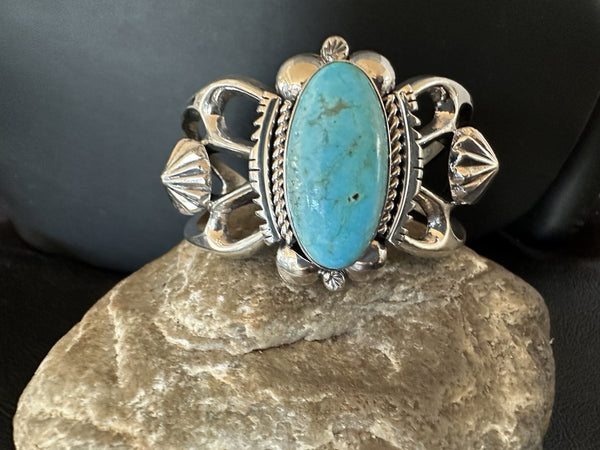 Women's Tufa Kingman Turquoise Navajo Cuff Bracelet 7.1" | Sterling Silver | Authentic Native American Handmade | 19453