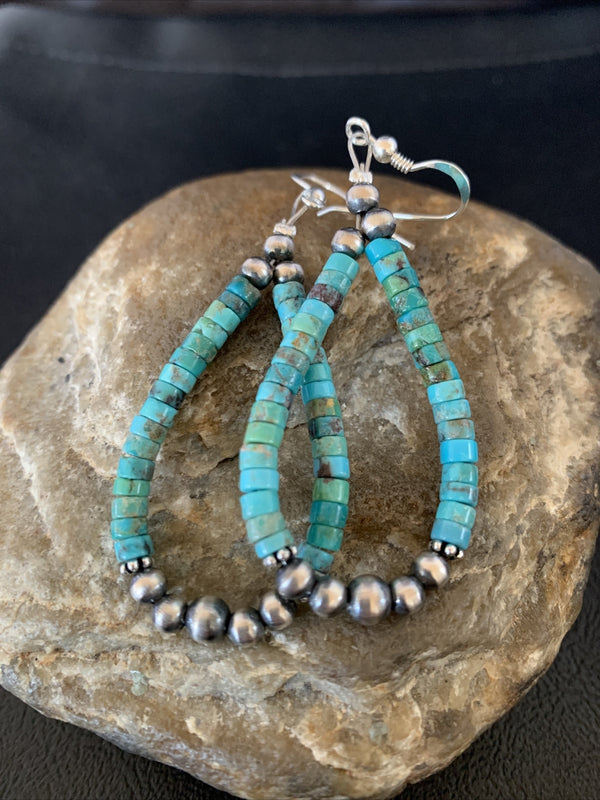 Blue Turquoise Heishi Navajo Beads Earrings 2" | Sterling Silver | Authentic Native American Handmade | 13043