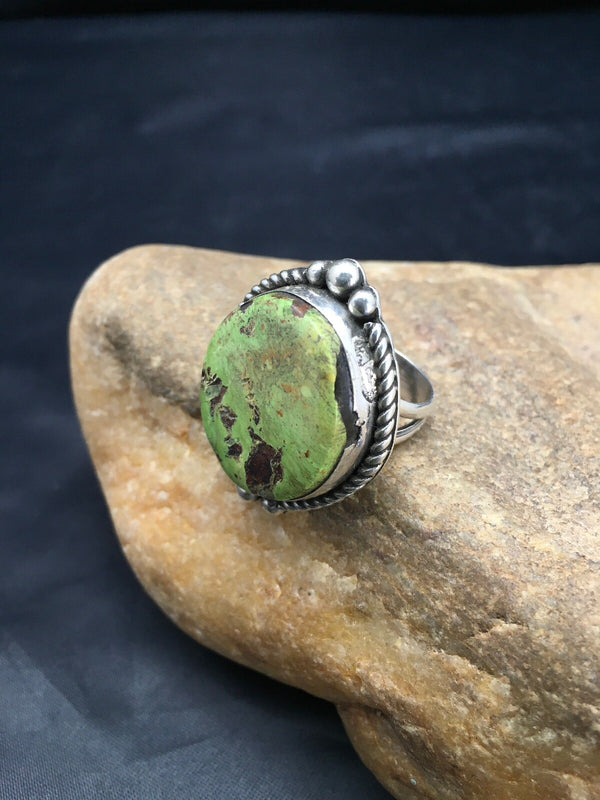Green Gaspeite Navajo Ring Size 8.25 | Sterling Silver | Authentic Native American Handmade | 02593