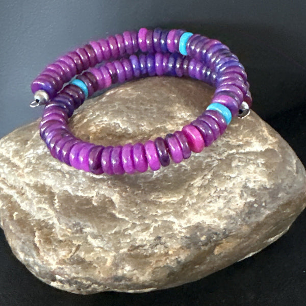 Purple Stone Turquoise 8mm Wire Bead Bracelet Navajo | Sterling Silver | Authentic Native American Handmade | 15241