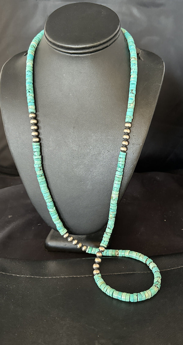 Blue Turquoise 34"Heishi Navajo Pearls Bead Necklace | Sterling Silver | Authentic Native American Handmade | 17256