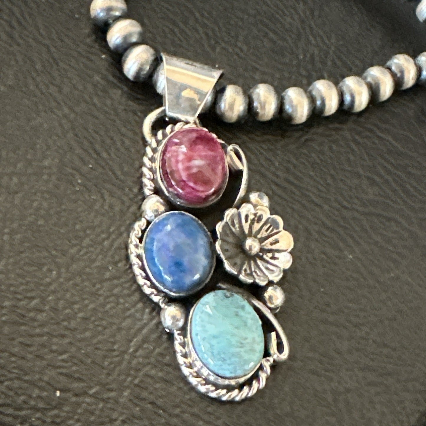 Multicolor Turquoise Spiny Navajo Sterling Silver Cluster Pendant Necklace 19312