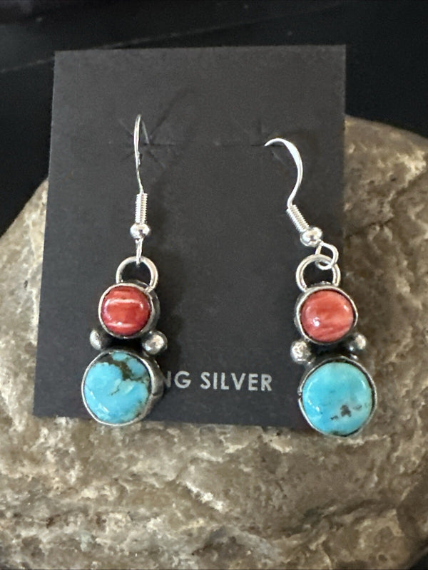 Handmade Blue Turquoise Red Coral Navajo Dangle Earrings | Sterling Silver | Authentic Native American Handmade | 18845