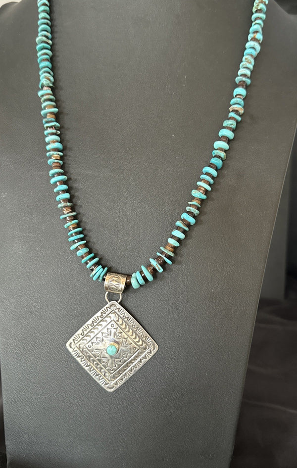 Navajo Blue Turquoise Stamped Pendant Shell 25"Necklace | Sterling Silver | Authentic Native American Handmade | 19709