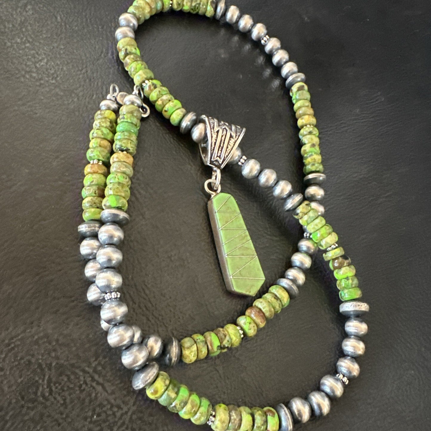 Womens Green Gaspeite Turquoise Pendant Navajo Sterling Silver Necklace 18372