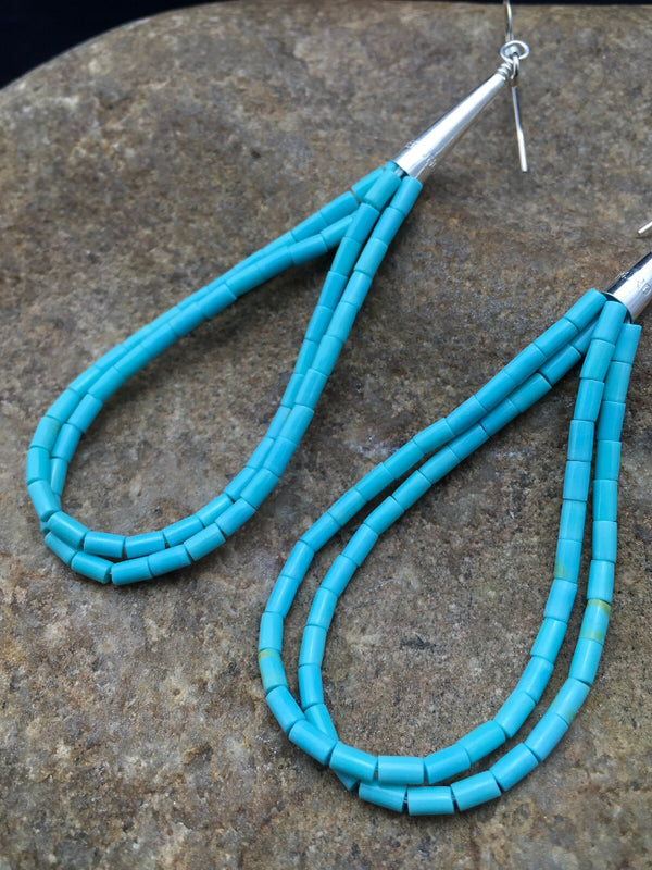 Blue Turquoise Liquid Heishi Dangle 2.5"Earrings | Sterling Silver | Authentic Native American Handmade | 04372