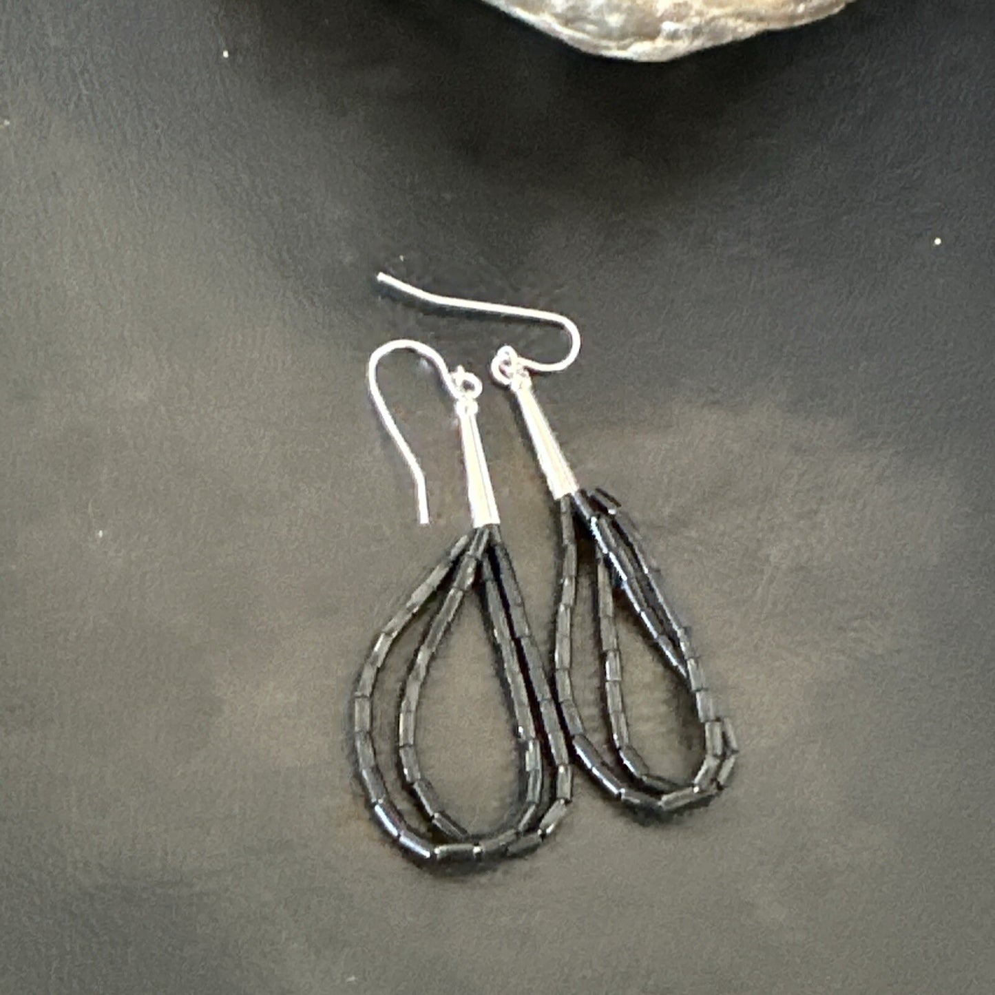 Black Onyx Heishi 2S Bead Southwestern Sterling Silver Earrings 2" 18177