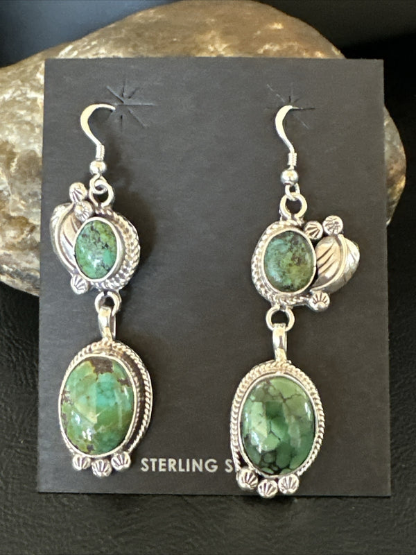 Navajo Green Turquoise Dangle Earrings 2" | Sterling Silver | Authentic Native American Handmade | 17696