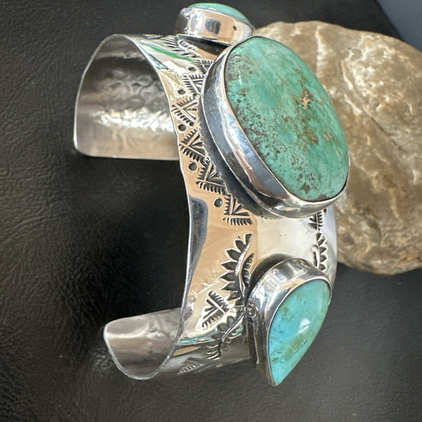 XL Men's Blue Green Turquoise Navajo Cuff Bracelet 8" | Sterling Silver | Authentic Native American Handmade | 19505