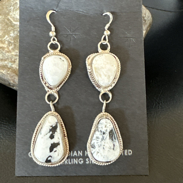 Women's White Buffalo Turquoise Navajo Dangle Earrings 2" | Sterling Silver | Authentic Native American Handmade | 17962
