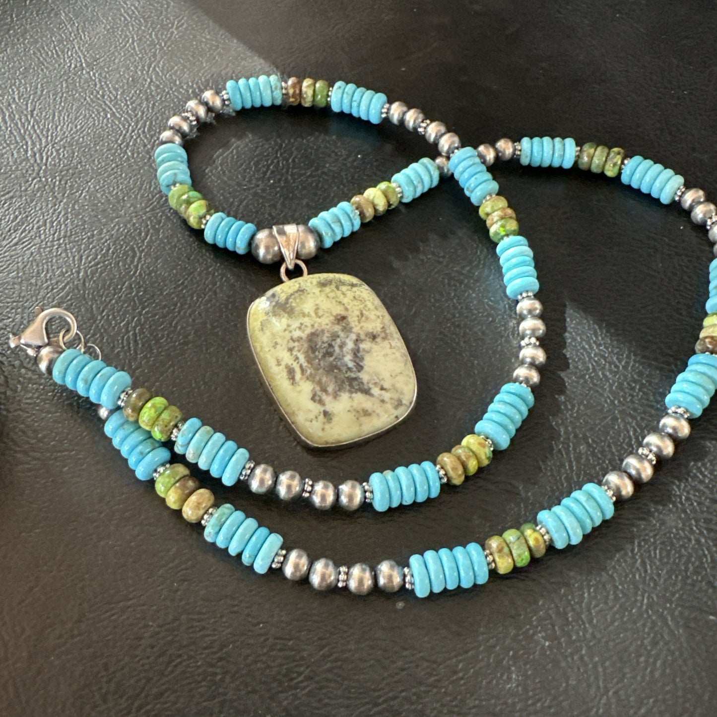 Green Gaspeite Pendant Blue Turquoise Navajo Sterling Silver Necklace 20" 19672