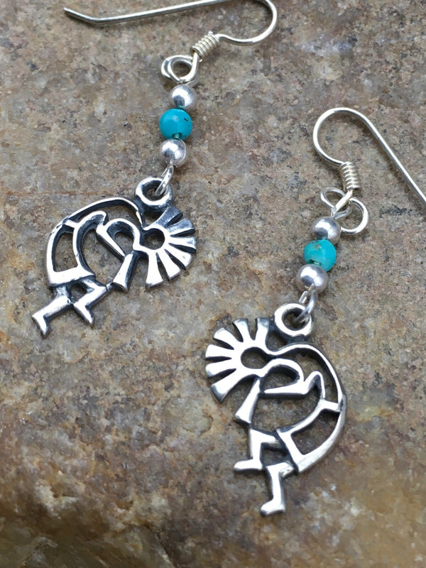 Turquoise Kokopelli Navajo Earrings 1.25" | Sterling Silver | Authentic Native American Handmade | 04525
