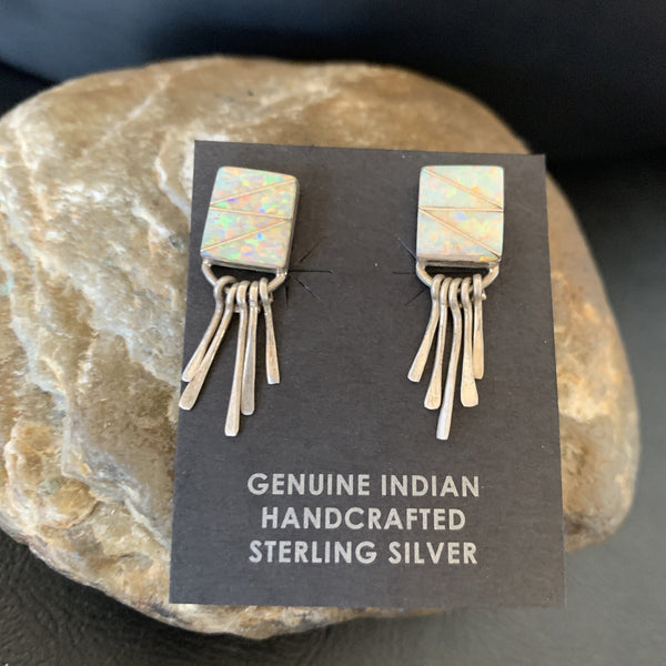 Women's White Opal Inlay Navajo Dangle Post Earrings 0.5" | Sterling Silver | Authentic Native American Handmade | 12765