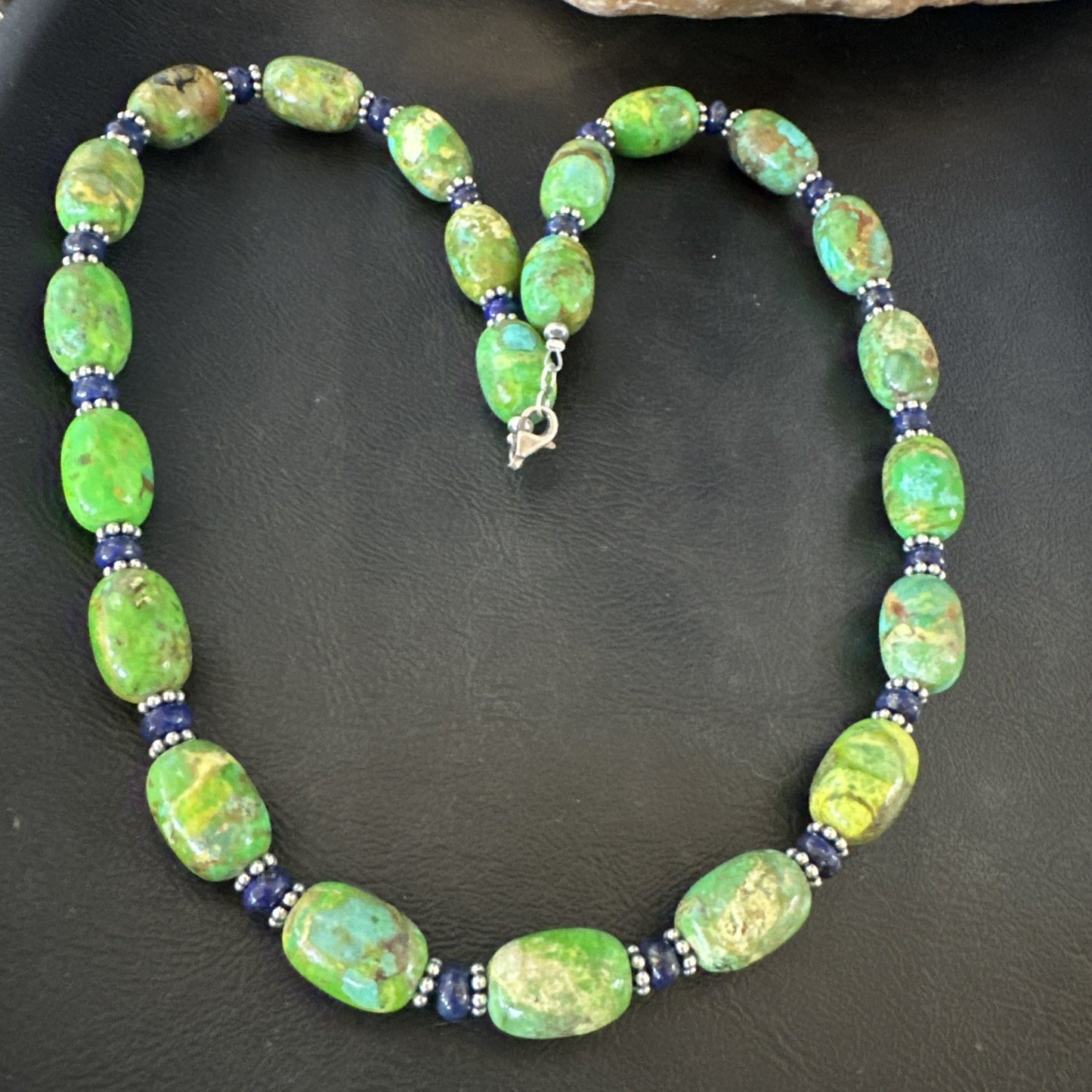 Green Turquoise Lapis Nugget Southwestern Sterling Silver Necklace 22" 19249
