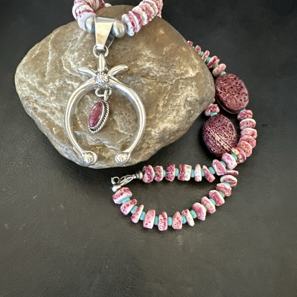 Purple Spiny Oyster Naja Pendant Turquoise Navajo Necklace | Sterling Silver | Authentic Native American Handmade | 17871