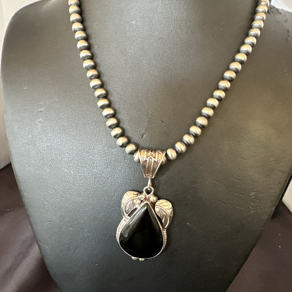 Men's Women's Black Onyx Pendant Navajo Beads Necklace | Sterling Silver | Authentic Native American Handmade | 18351