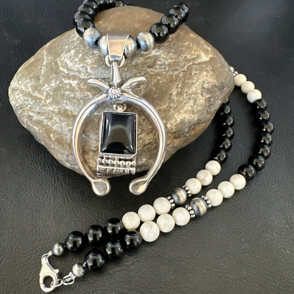 Men's Black Onyx Howlite Naja Pendant Navajo Necklace 23" | Sterling Silver | Authentic Native American Handmade | 17687