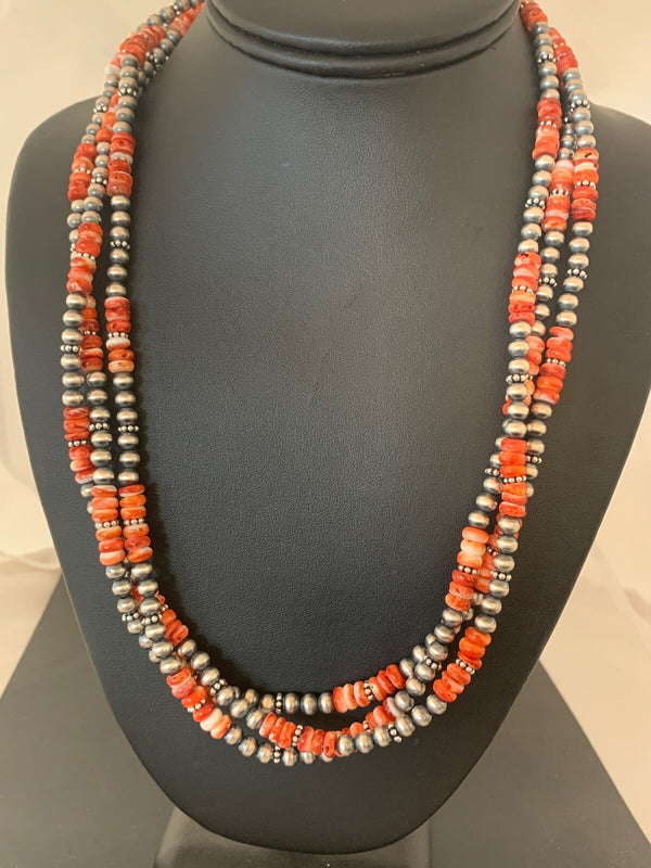 Red Spiny Oyster 3 Strands Navajo Pearls Necklace | Sterling Silver | Authentic Native American Handmade | 03172