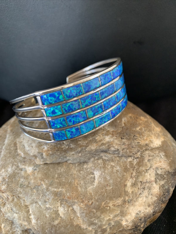 Blue Faux Opal Southwestern Zuni Cuff Inlay Bracelet | Sterling Silver | Authentic Native American Handmade | 01028