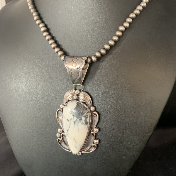 White Buffalo Turquoise Pendant Necklace Navajo | Sterling Silver | Authentic Native American Handmade | 13994