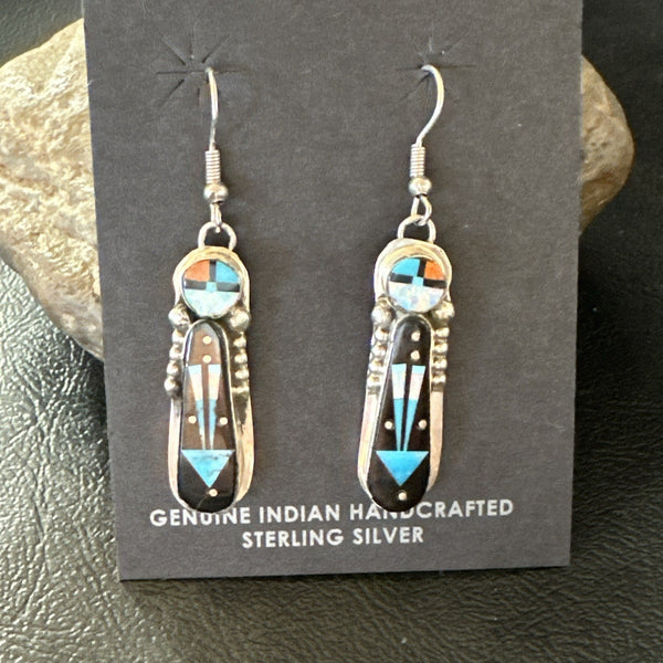 Navajo Onyx Opal Turquoise Inlay Earrings Sterling Silver Handmade 19773