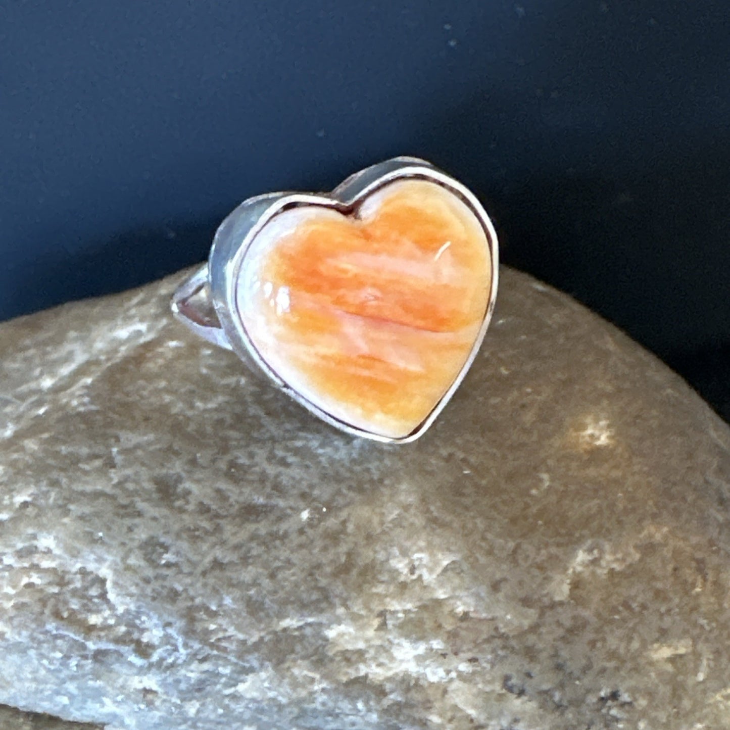 Orange Heart Ring Handmade Navajo Spiny Oyster Sterling Silver Sz 8 19327