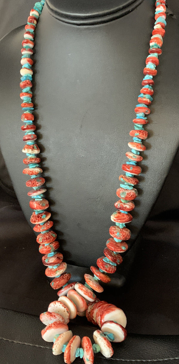 Women's Blue Turquoise Red Spiny Oyster Navajo Necklace | Sterling Silver | Authentic Native American Handmade | 00114