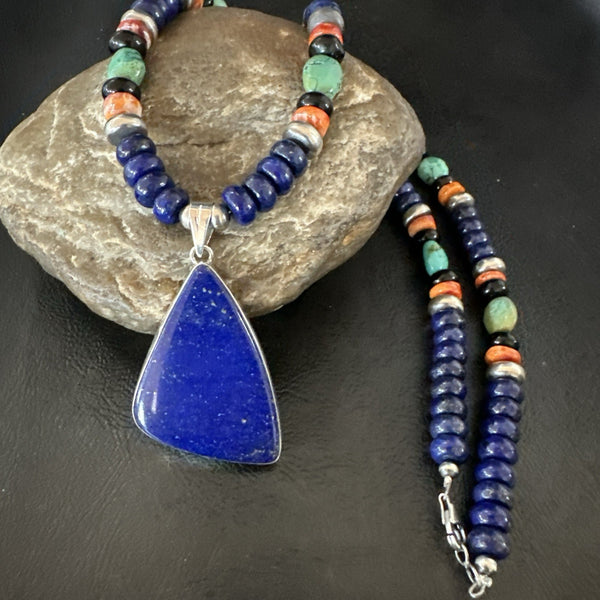 Lapis Turquoise Spiny Necklace Southwestern Pendant 22" | Sterling Silver | Authentic Native American Handmade | 19469