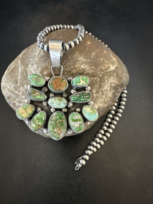 Green Sonoran Gold Turquoise Navajo Cluster Pendant | Sterling Silver | Authentic Native American Handmade | 19300