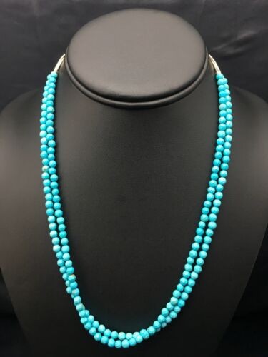 Blue Turquoise Faceted Bead 2 Strand Navajo Liquid Necklace | Sterling Silver | Authentic Native American Handmade | 04368