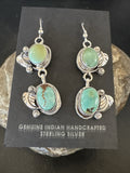 Navajo Green Turquoise Dangle Earrings 2" | Sterling Silver | Authentic Native American Handmade | 17911