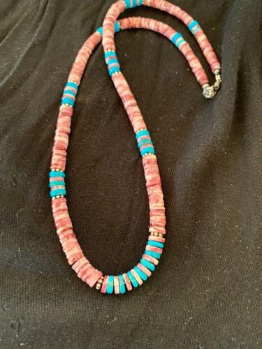Navajo Turquoise & Spiny Oyster Necklace Sterling Silver 21" 4639