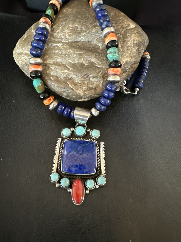 Multicolor Lapis Turquoise Pendant Navajo Necklace 22" | Sterling Silver | Authentic Native American Handmade | 19468