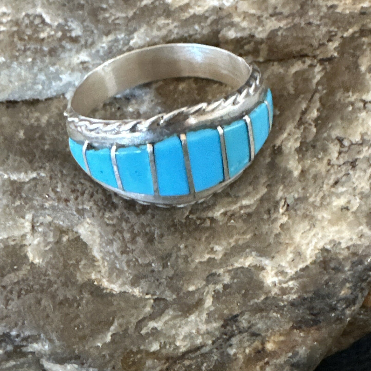Native American Indian Navajo Blue Turquoise Inlay Band Ring Sz 8 17970